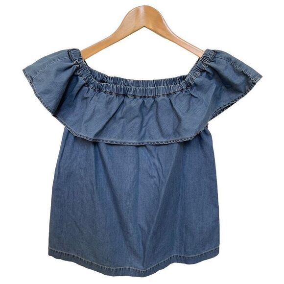 Chelsea28 Chambray Denim Ruffle Top Off the Shoulder Blouse Blue womens size xs - Picture 1 of 10